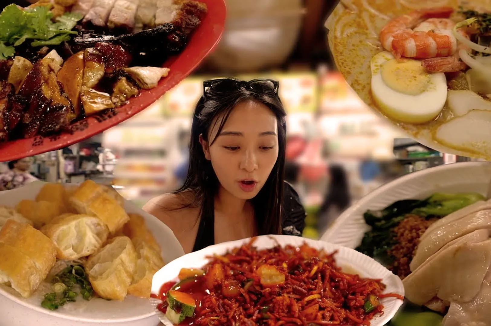A woman with long hair, looking surprised, is surrounded by diverse Asian dishes including roast meats, noodles, prawns, and fried bread. The setting conveys excitement.