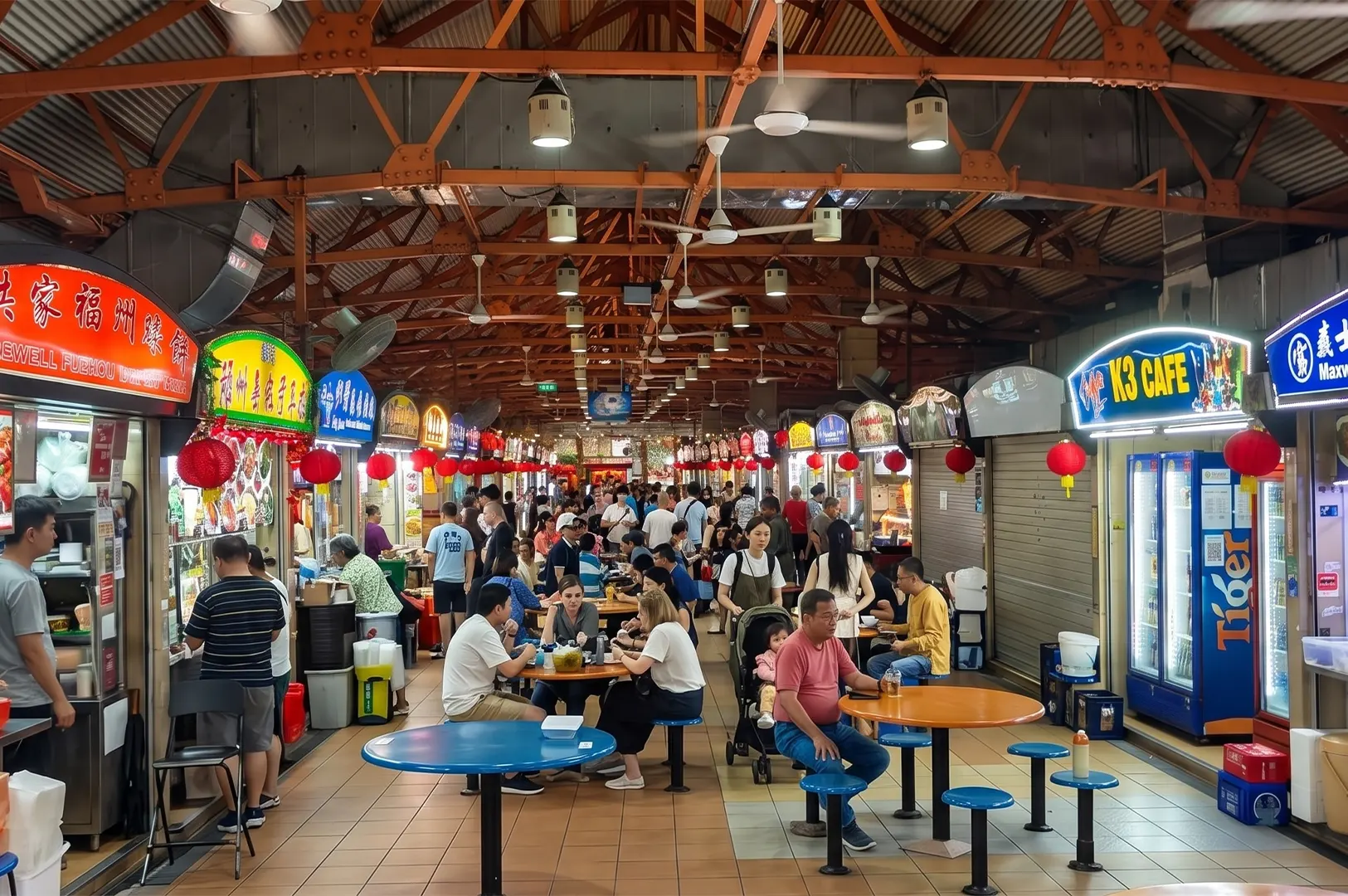 A busy indoor food market with people eating at colorful tables, surrounded by bright food stalls and red lanterns.