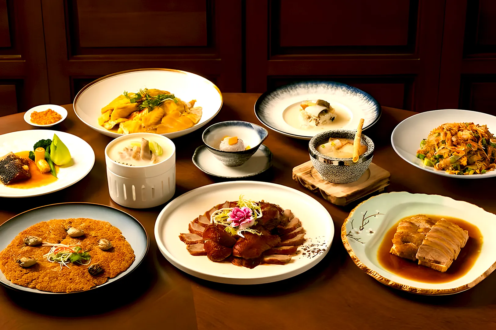 Eye‑level wide‑angle food photography showing an elegant restaurant table spread with assorted Asian fine‑dining dishes, including braised meats, soups, vegetables, and plated specialties, arranged symmetrically on ceramic plates under warm ambient lighting.