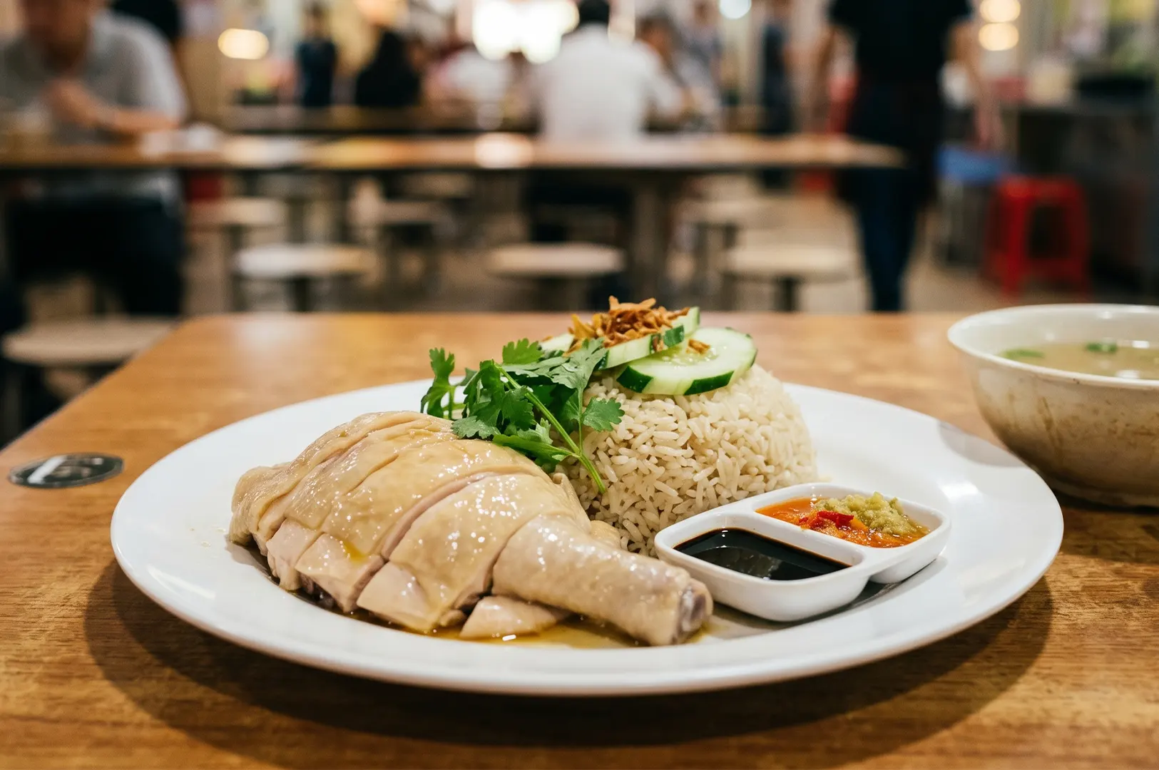 A plate of Hainanese chicken rice with sliced cucumber, cilantro, and dipping sauces on a wooden table in a busy food center.