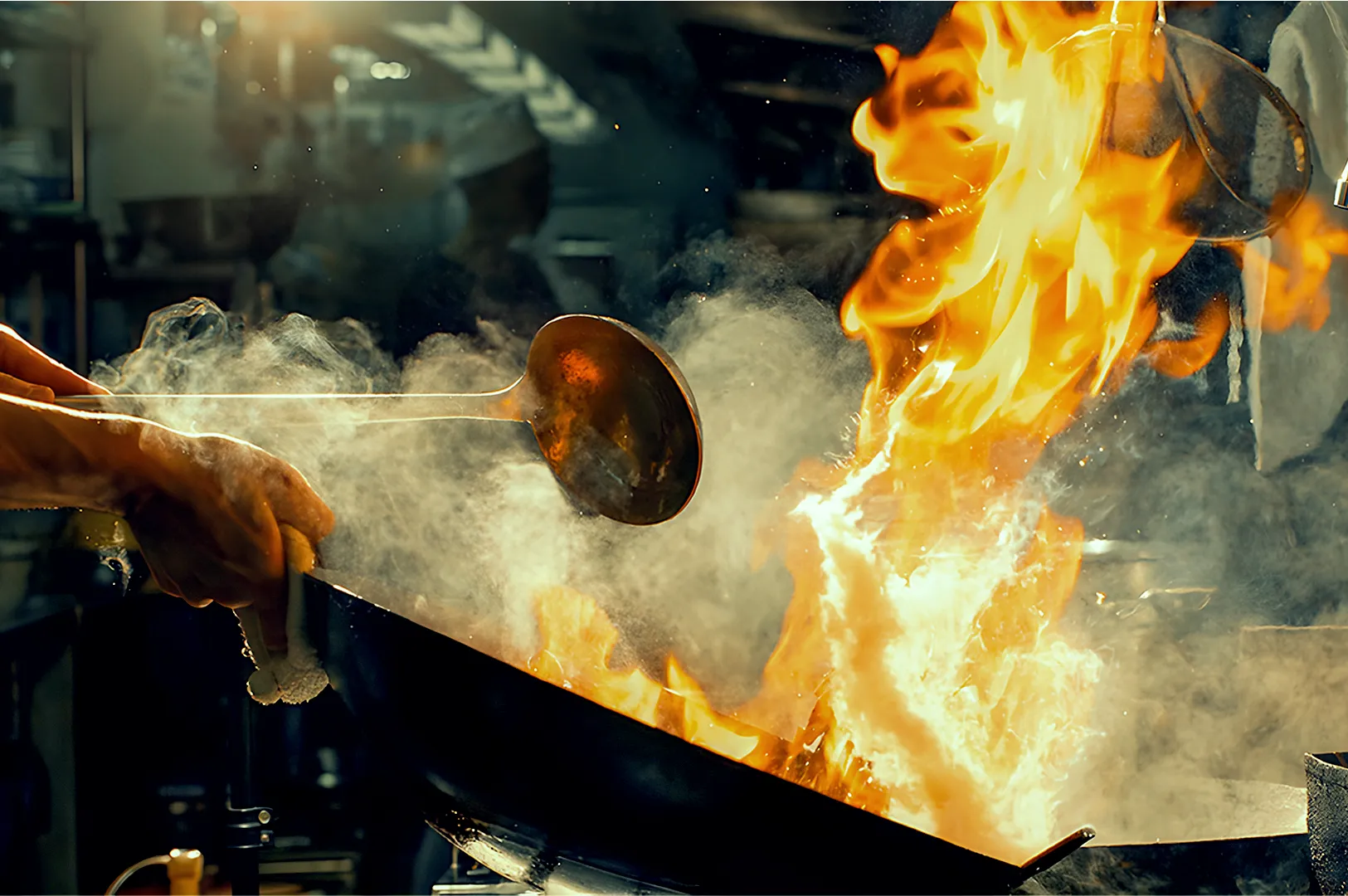 A chef's hand holds a ladle over a wok with bright orange flames and steam rising, capturing high-intensity cooking in a bustling kitchen setting.