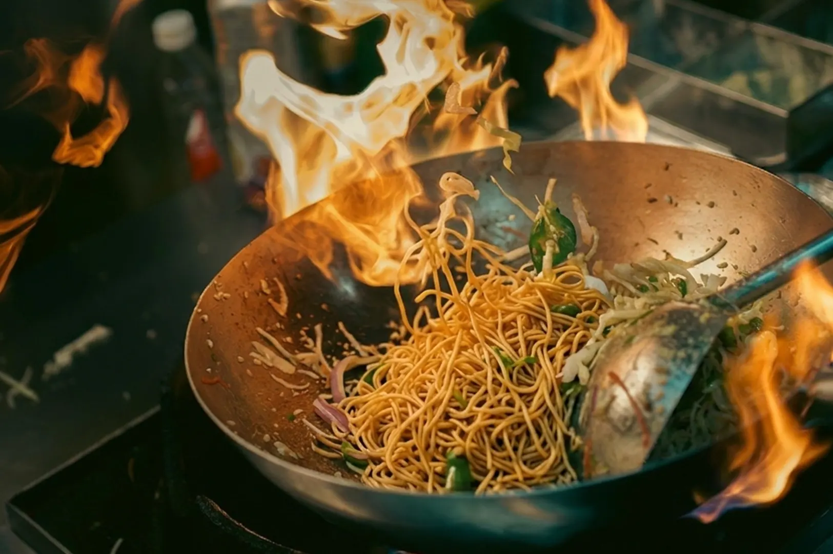 Noodles being stir-fried in a wok over high heat, tossed with a metal spatula as flames rise from the pan.