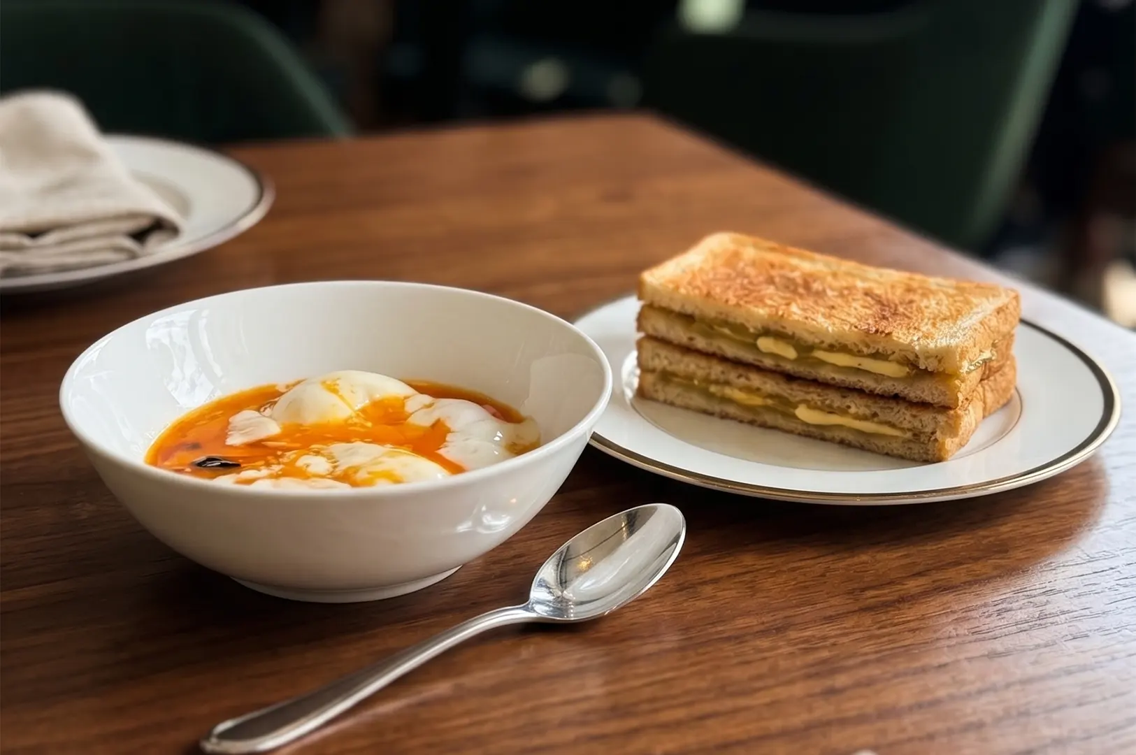 Two soft-boiled eggs in a white bowl served with Kaya toast on a side plate.