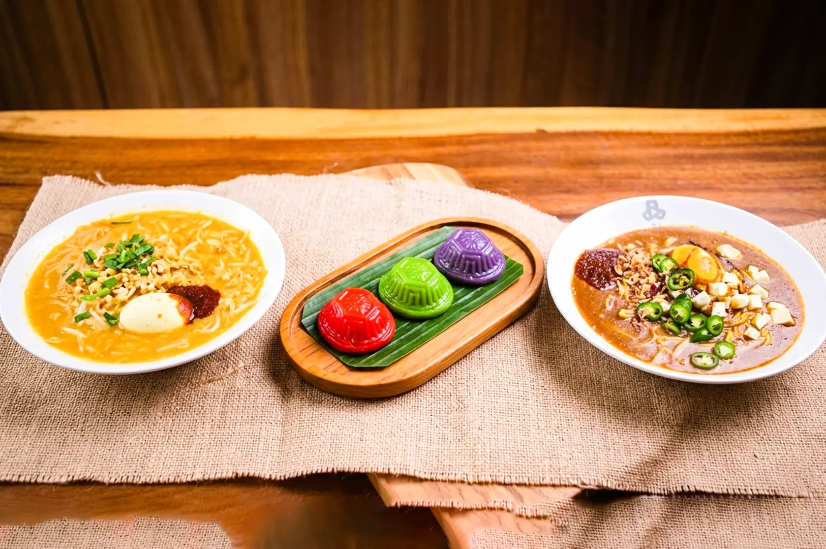 A spread of Singaporean dishes Mee Siam, Mee Rebus, and three colorful Ang Ku Kueh on a wooden table.