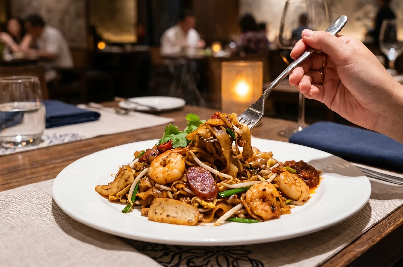 A plate of steaming Char Kway Teow with shrimp and sausage, being lifted by a fork in a dimly lit restaurant.