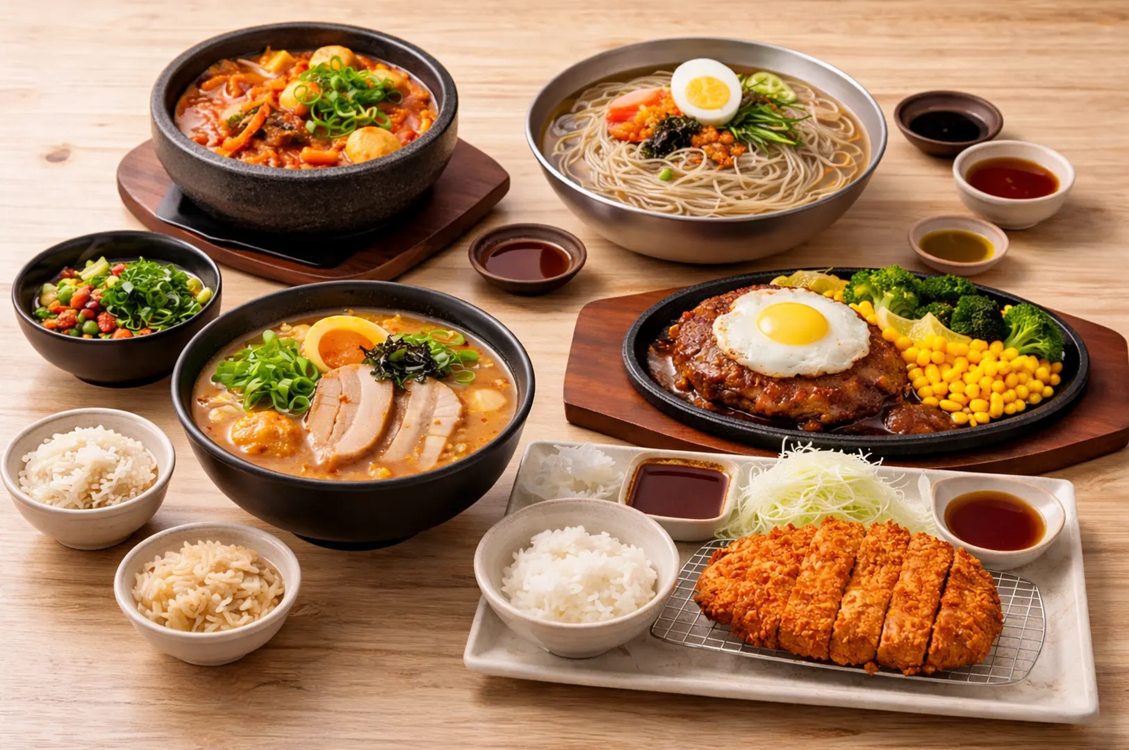 A spread of Korean and Japanese dishes from Tanjong Pagar, including soft tofu stew, cold noodles, ramen, a sizzling Hamburg steak with egg, and a crispy pork cutlet set meal at the table.