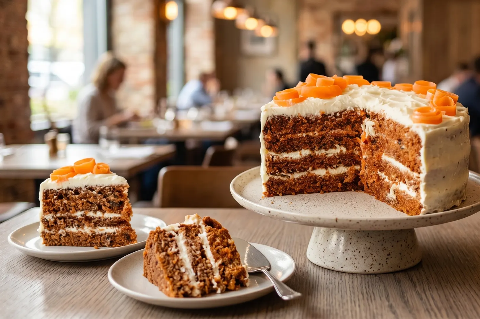 A multi-layered carrot cake with white frosting and orange toppings, with two slices served on side plates in a cafe setting.