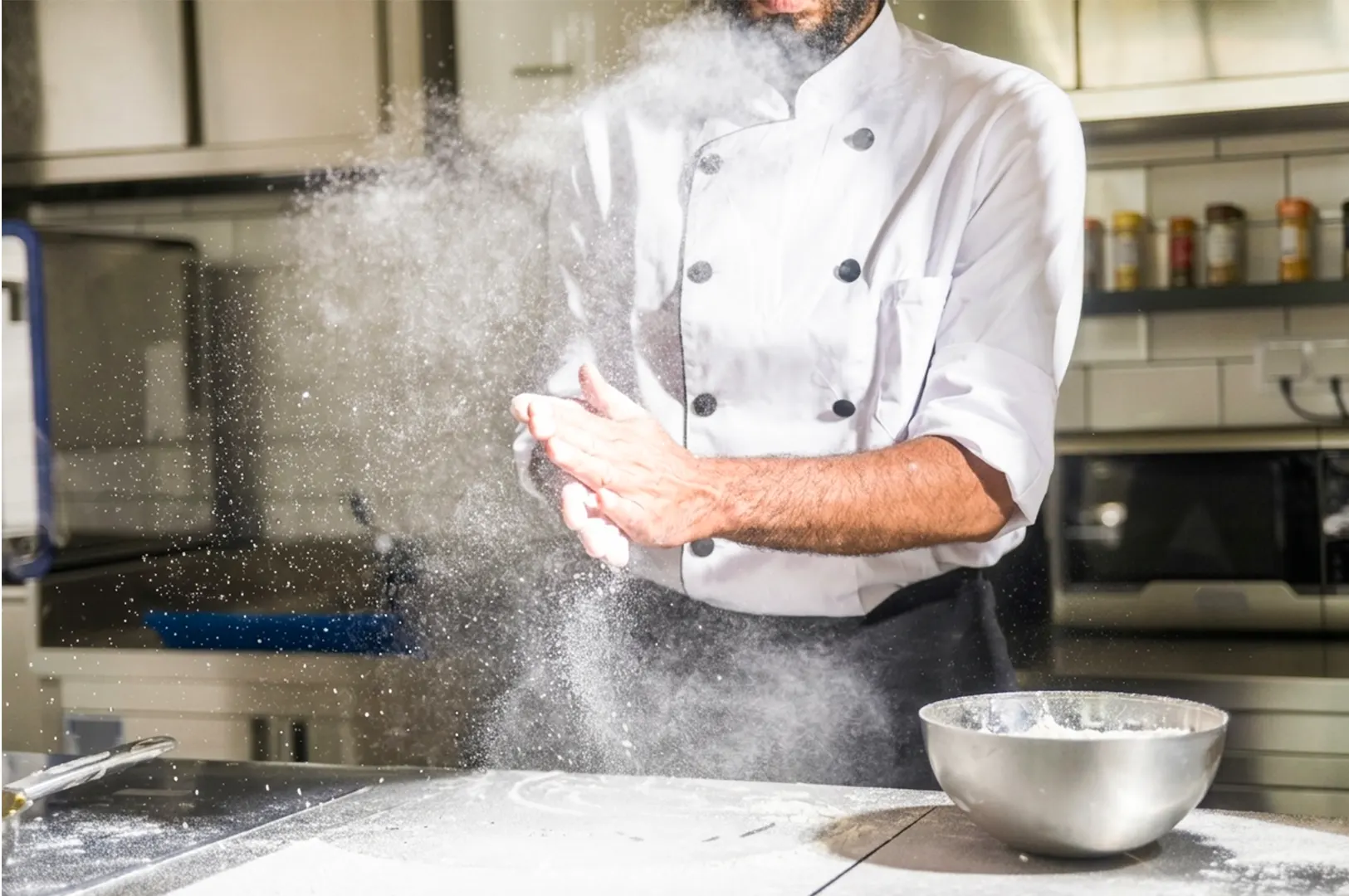 A chef in a white jacket claps their hands together, releasing a dramatic cloud of flour in a bright kitchen.