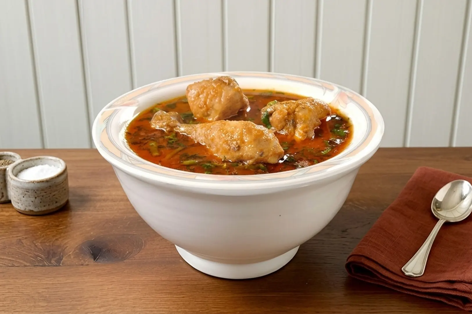 A large white bowl of chicken curry in a rich orange broth, served on a wooden table with a spoon and small spice containers.