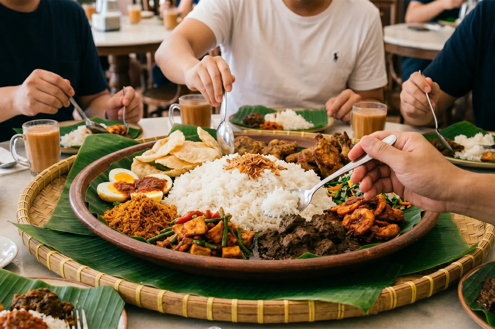 Group of friends sharing a traditional Indonesian Nasi Ambeng platter served on banana leaves.