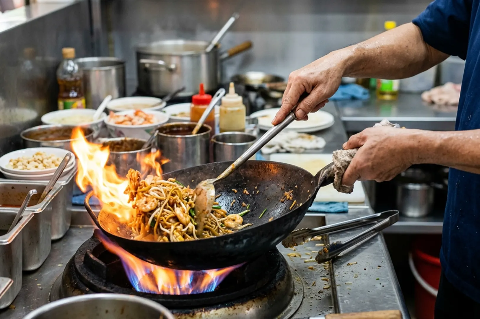 Chef cooking shrimp stir-fry in a flaming wok in a professional kitchen.