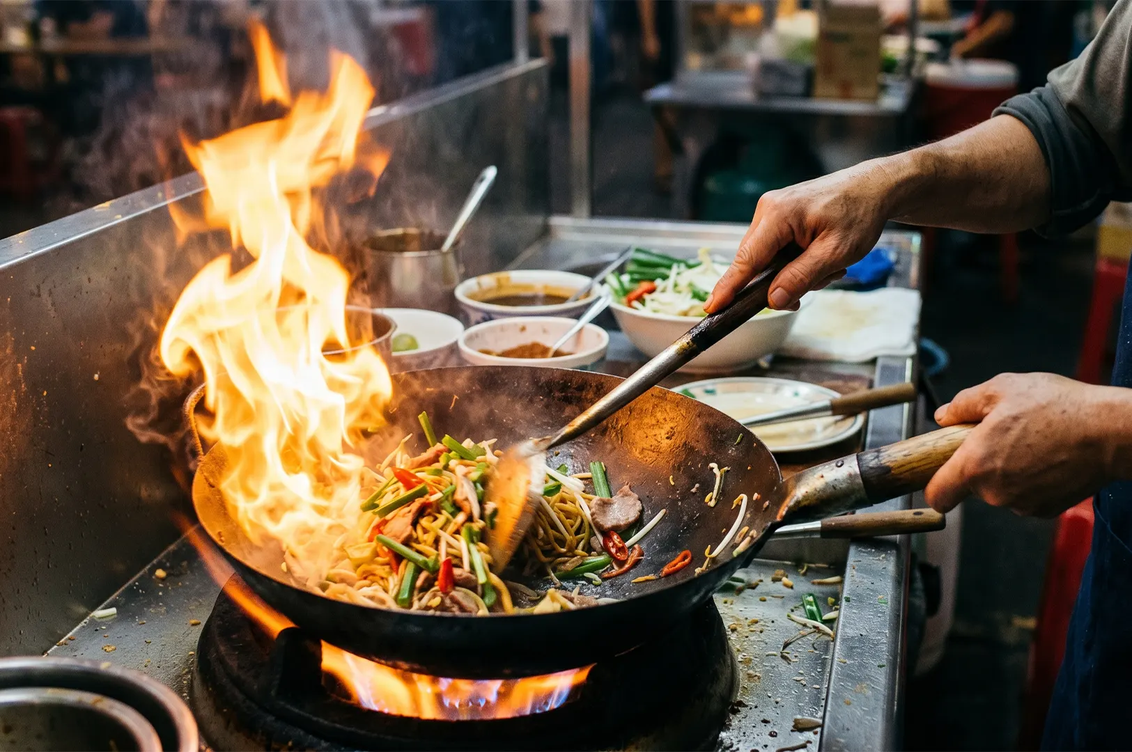 A chef stir-frying noodles in a flaming wok at a street food market.