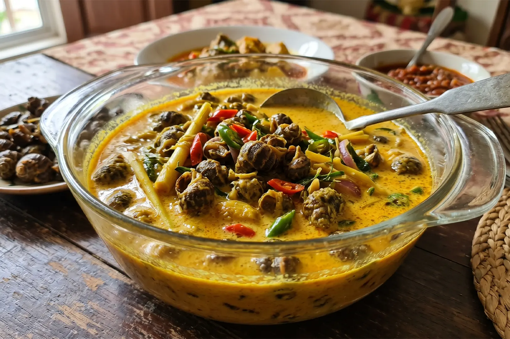 Traditional Malaysian Siput Sedut Masak Lemak Cili Api sea snails in a spicy yellow coconut milk curry.