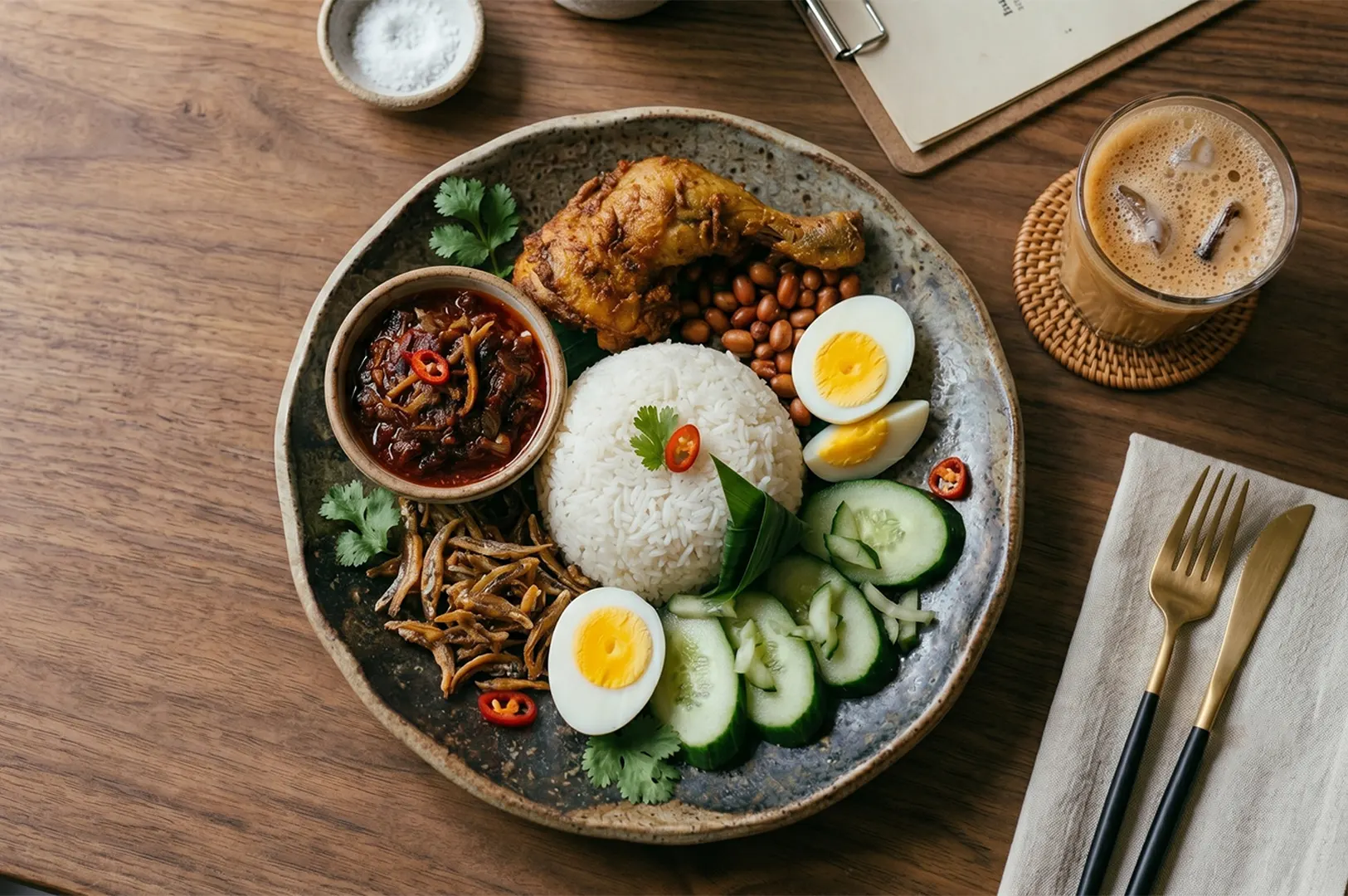Malaysian Nasi Lemak with fried chicken, sambal chili, hard-boiled egg, anchovies, and iced milk tea on a wooden table.