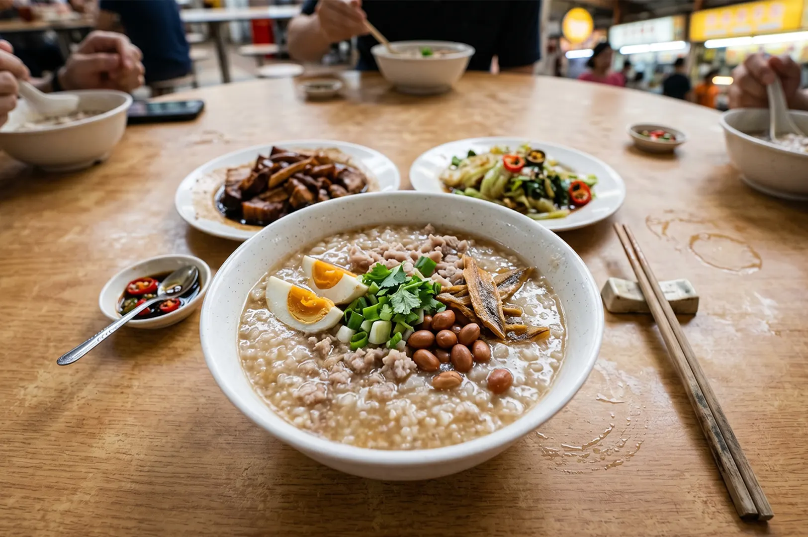A large bowl of savory pork porridge topped with salted egg, peanuts, fried ikan bilis, and spring onions, served with side dishes of braised pork belly and stir-fried vegetables at a traditional hawker center.
