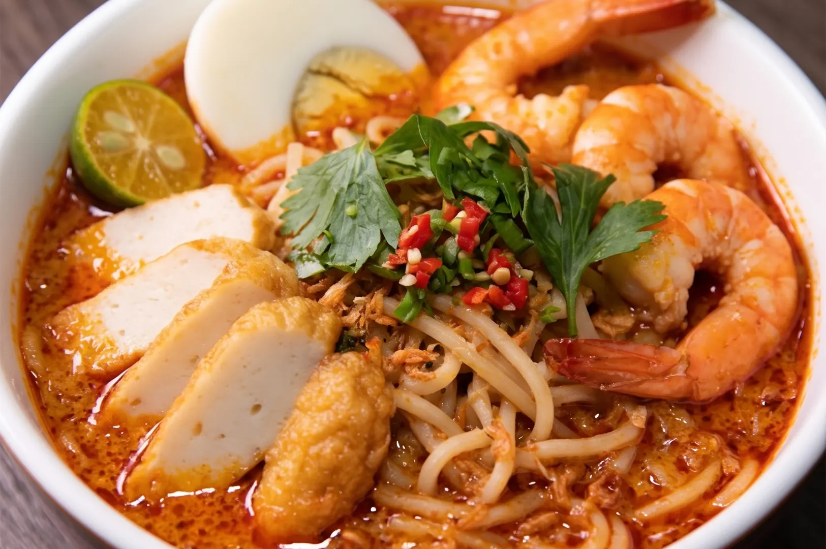 Spicy Laksa noodle soup topped with fresh prawns, fish cakes, a hard-boiled egg, and calamansi lime.
