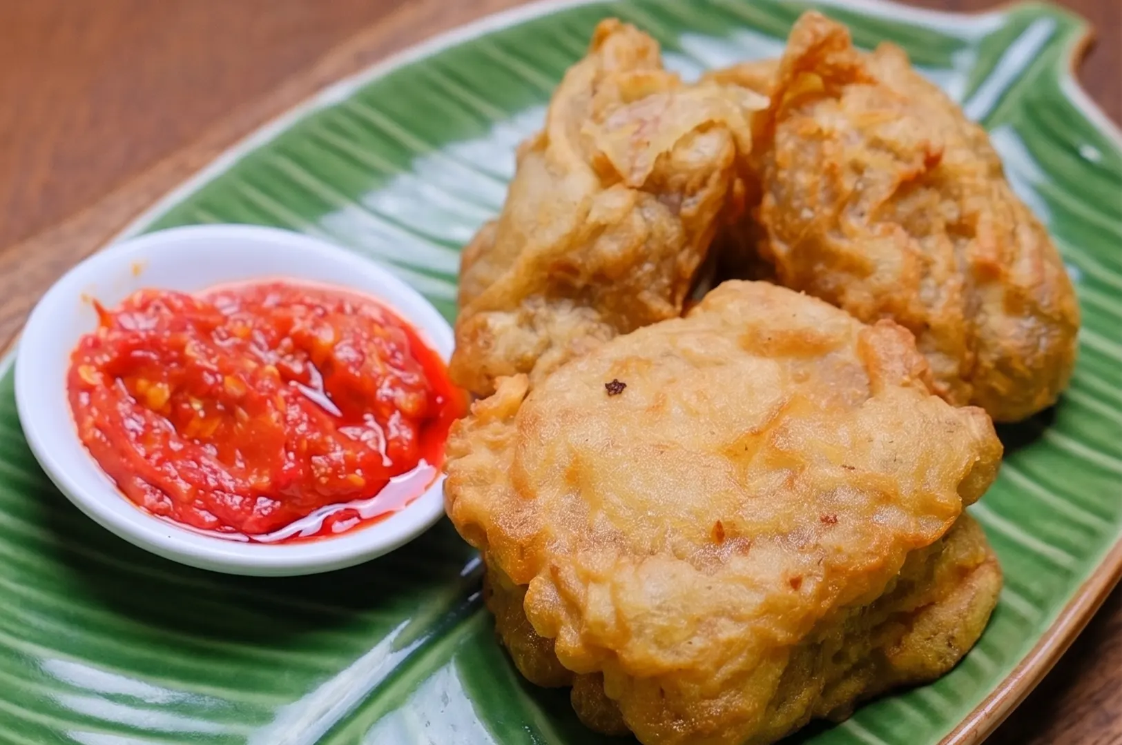 Golden-brown crispy fried tau pok (tofu puffs) served on a green banana leaf-shaped plate with a side of spicy red sambal chili sauce.