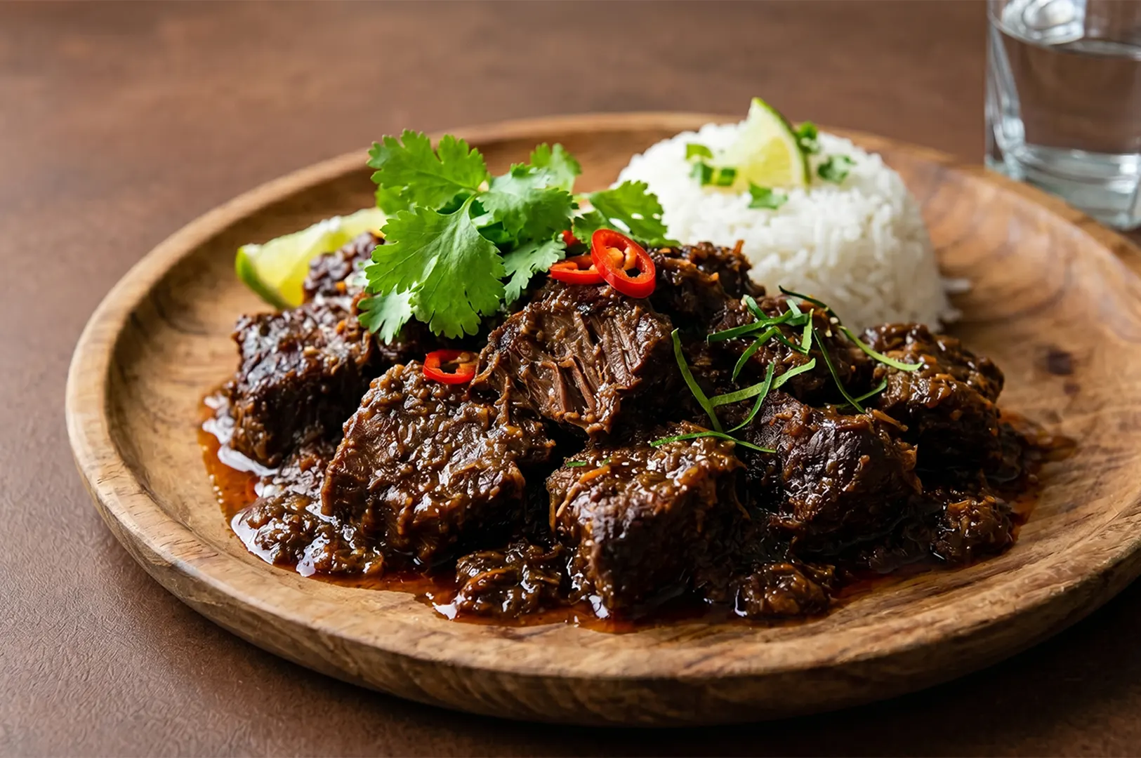 Slow-cooked Indonesian beef rendang served with white rice, fresh cilantro, and lime on a wooden plate.