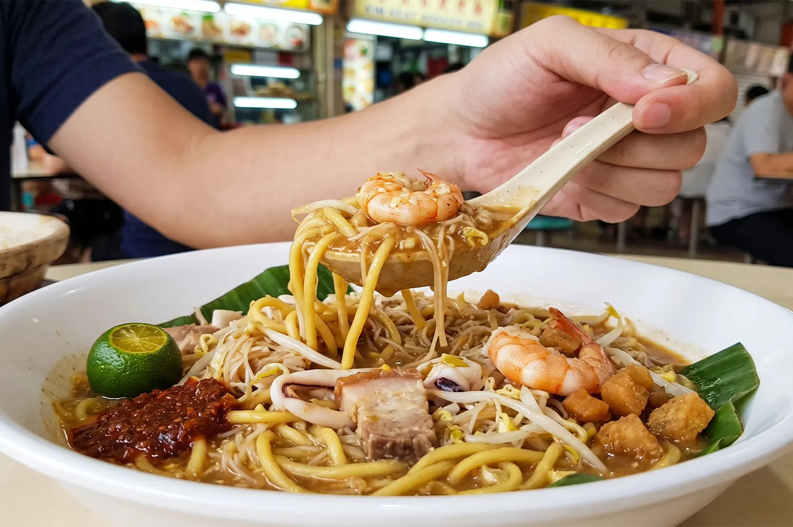 A spoon lifting Hokkien Mee with prawns, pork belly, and squid over a bowl of saucy stir-fried noodles at a Singapore hawker center.