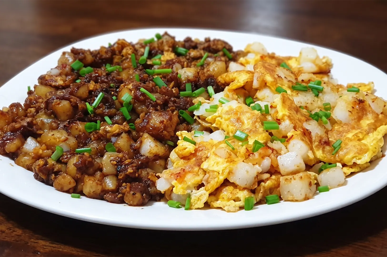 Traditional fried carrot cake (Chai Tow Kway) served in both black (sweet soy) and white (savory) styles, garnished with spring onions.