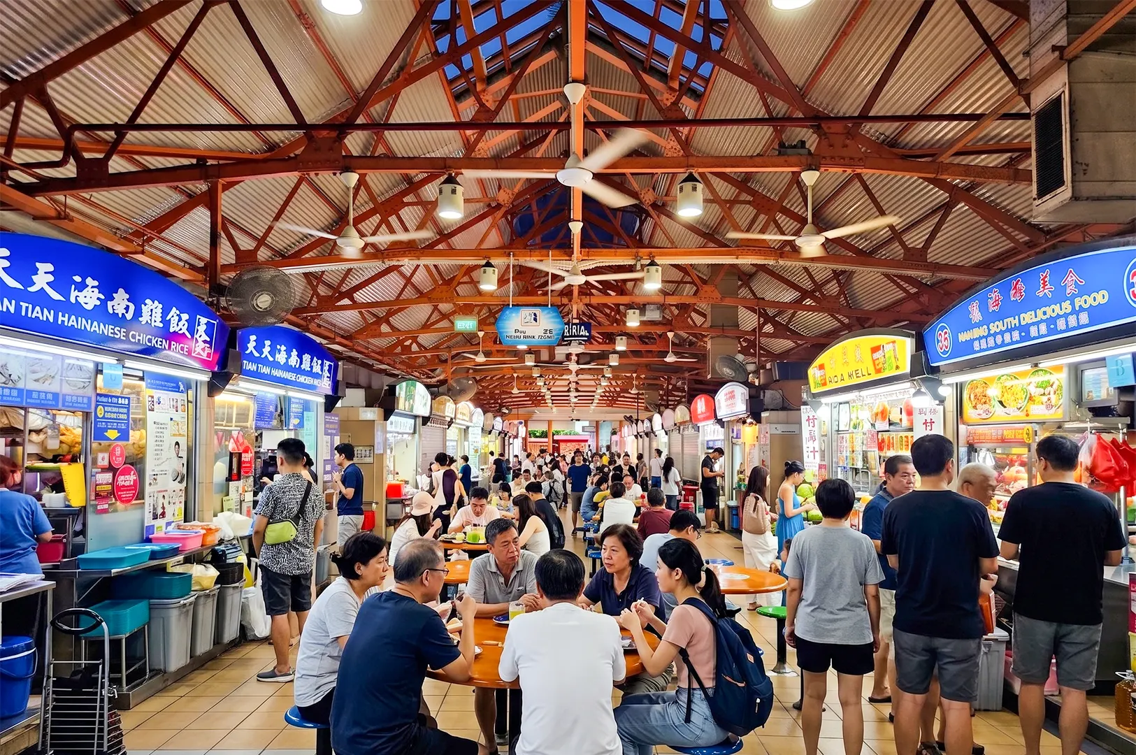 Busy crowd dining at Maxwell Food Centre in Singapore, featuring the famous Tian Tian Hainanese Chicken Rice stall.