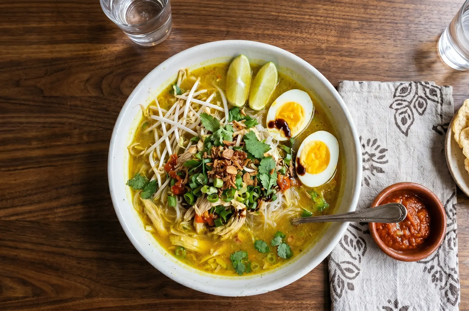Indonesian Soto Ayam chicken noodle soup with hard-boiled egg, bean sprouts, lime, and sambal on a wooden table.