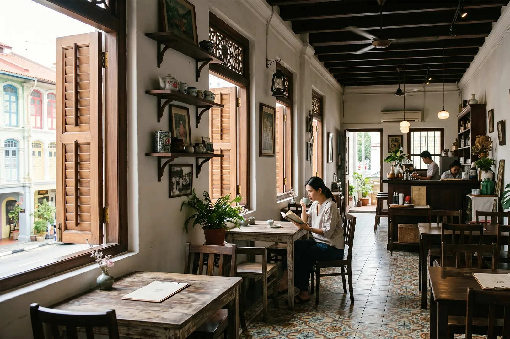 Interior view of a vintage-style cafe in a Singapore shophouse featuring Peranakan tiled floors, wooden window shutters, and a woman reading a book.