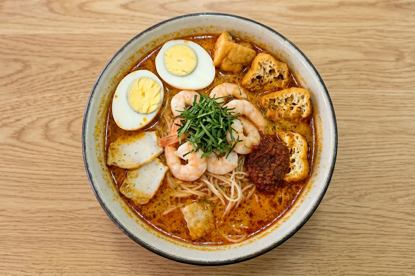 Top-down view of a bowl of Singapore laksa noodle soup topped with prawns, hard-boiled egg halves, fried tofu puffs, and fish cake slices in a spicy coconut curry broth.