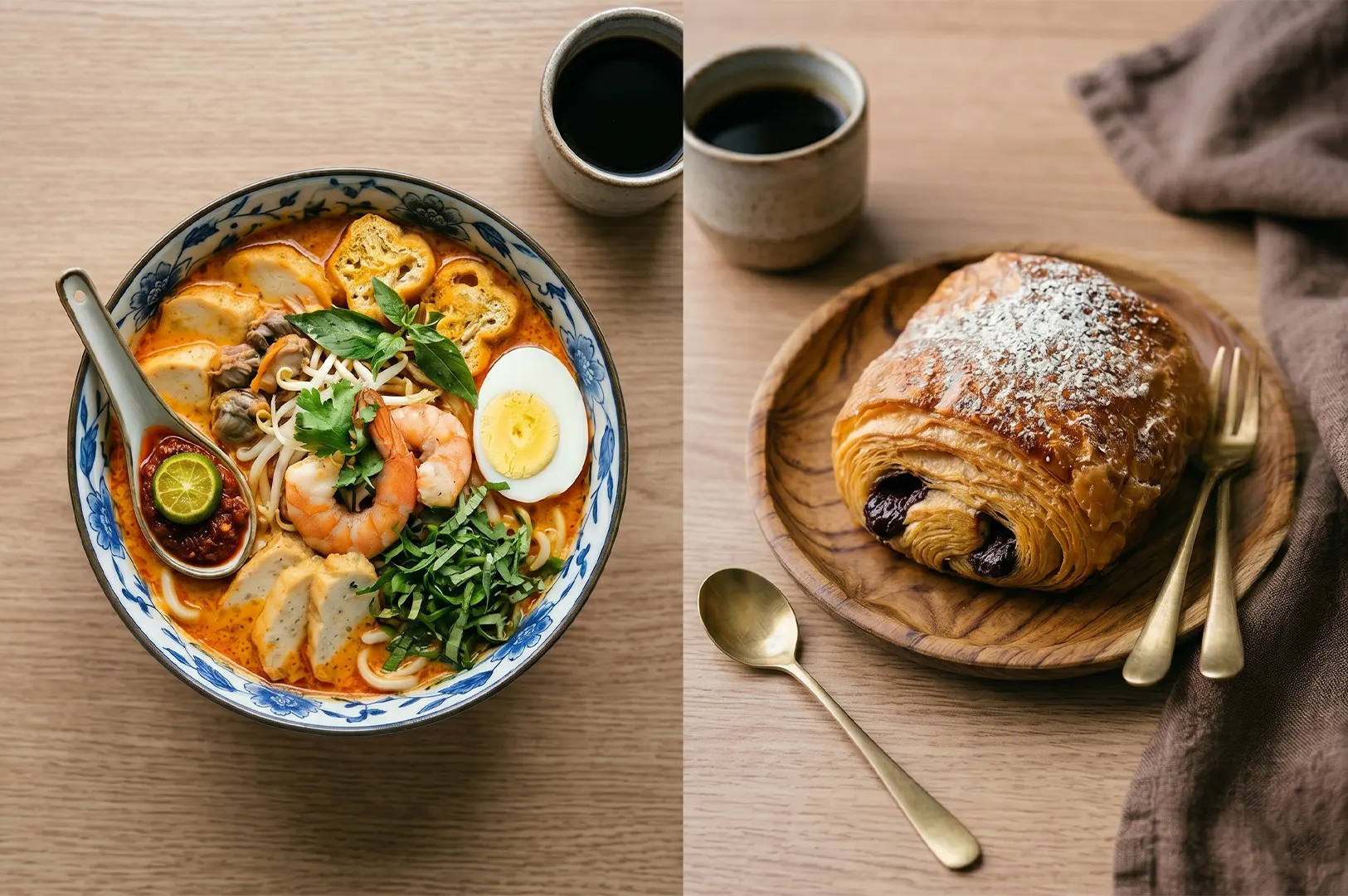 Side-by-side view of a bowl of authentic Singapore laksa noodle soup with prawns and a fresh pain au chocolat pastry served with black coffee on a wooden table.