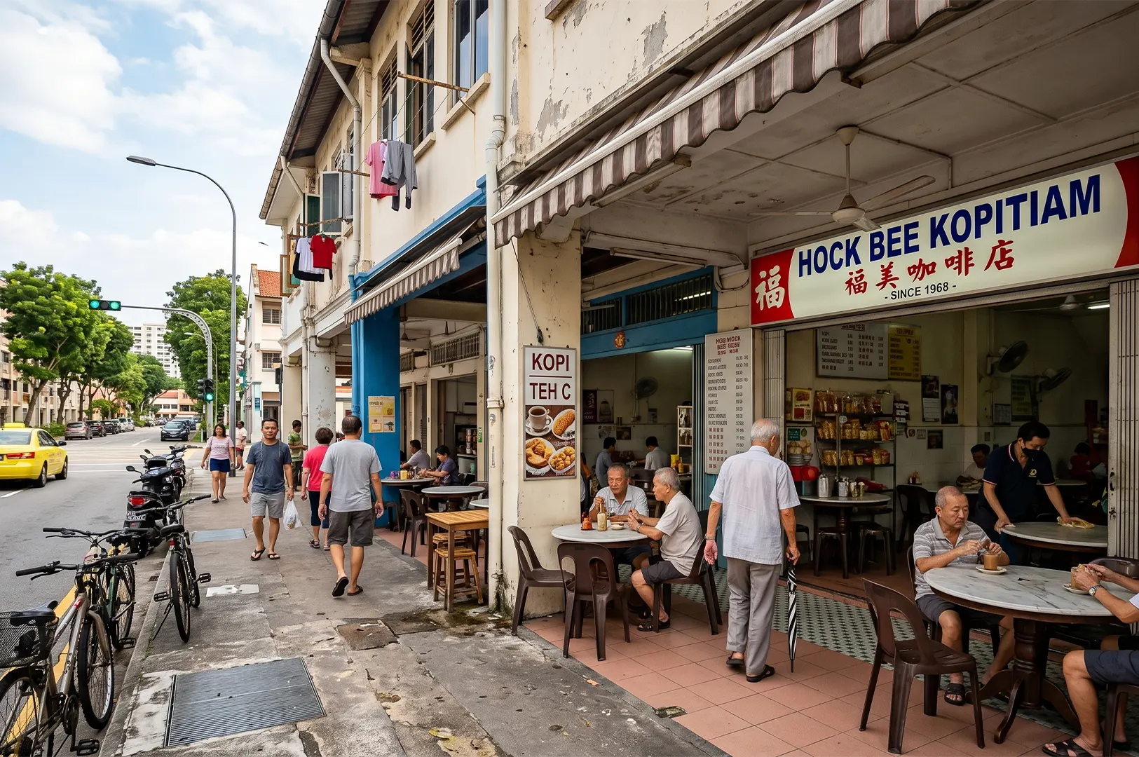 Street view of Hock Bee Kopitiam, a traditional Singaporean coffee shop in a heritage shophouse with outdoor sidewalk seating, patrons drinking kopi, and pedestrians walking by.