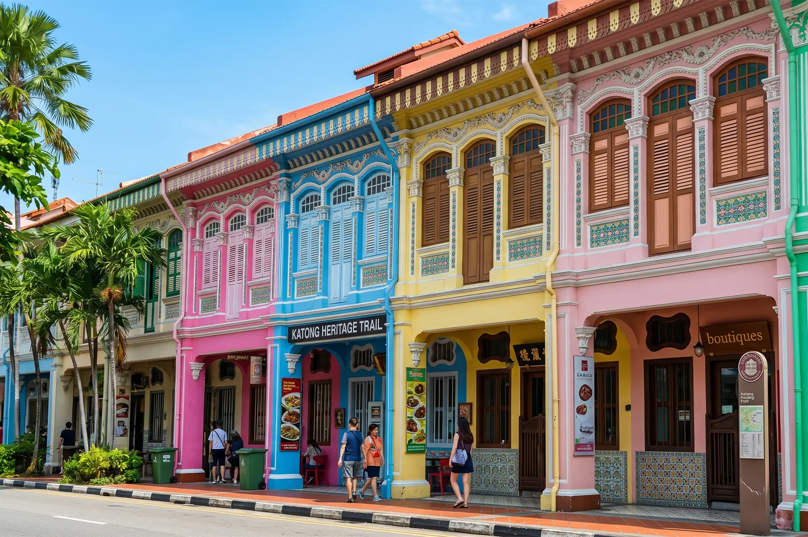 Row of brightly colored traditional Peranakan shophouses along the Katong Heritage Trail in Singapore, featuring pastel pink, blue, and yellow facades with ornate wooden window shutters.