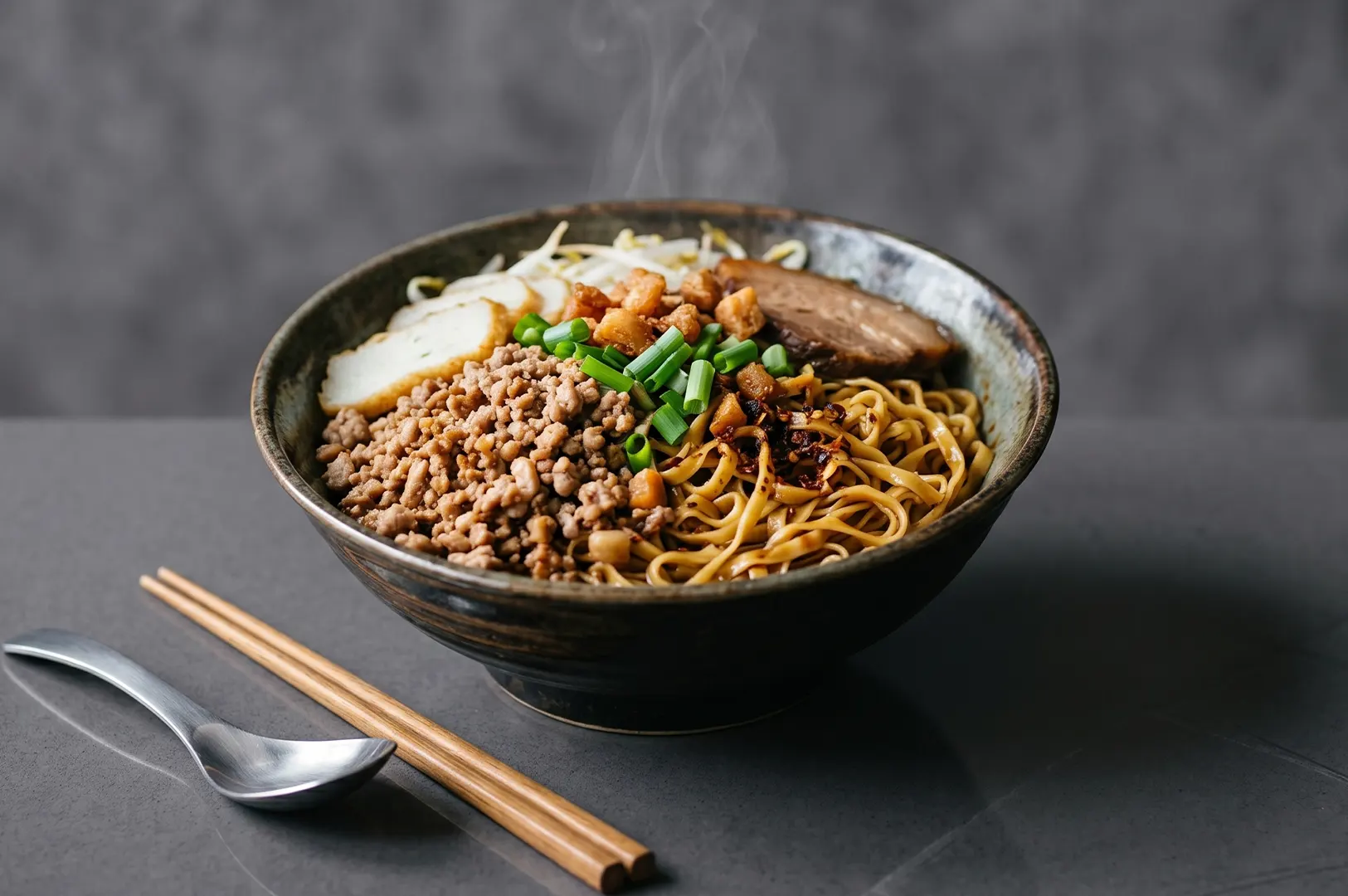 A steaming bowl of traditional dry Bak Chor Mee noodles topped with minced pork, sliced fishcake, braised mushrooms, and scallions.
